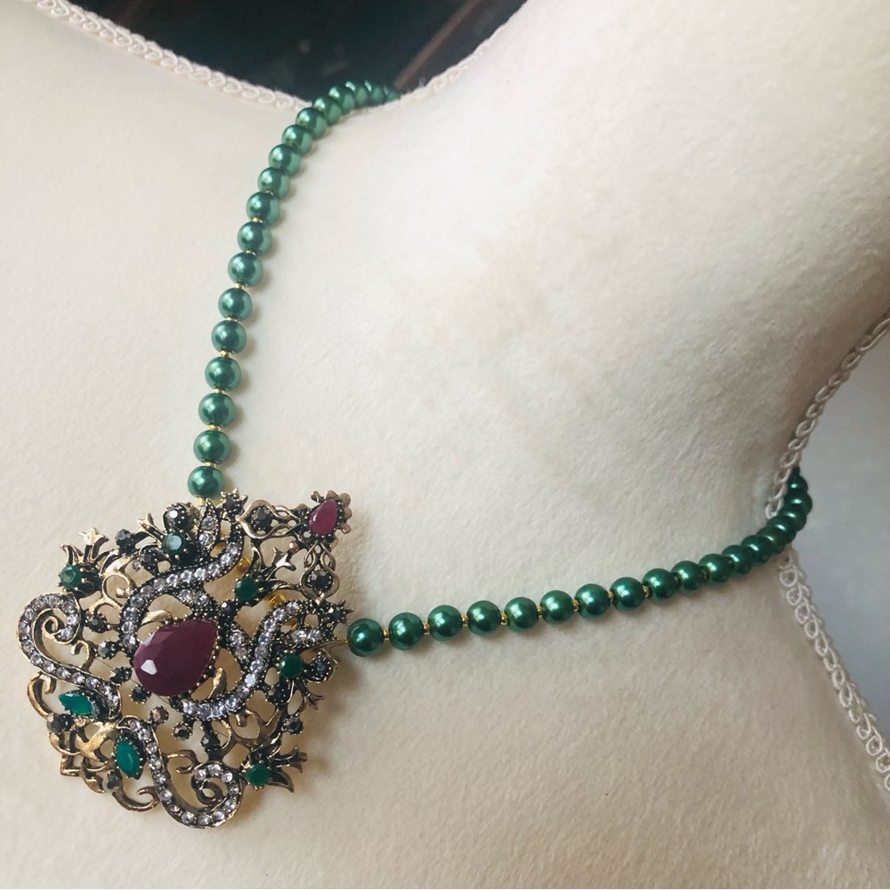 Handcrafted repurpose regal look stone pendant Czech glass Pearl necklace